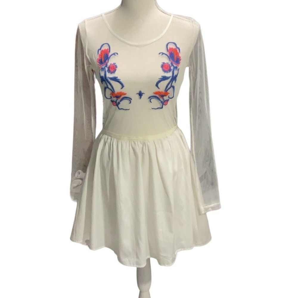 Mustard Seed White Dress Sheer Mesh Top Embroidered Blue Orange Size Medium